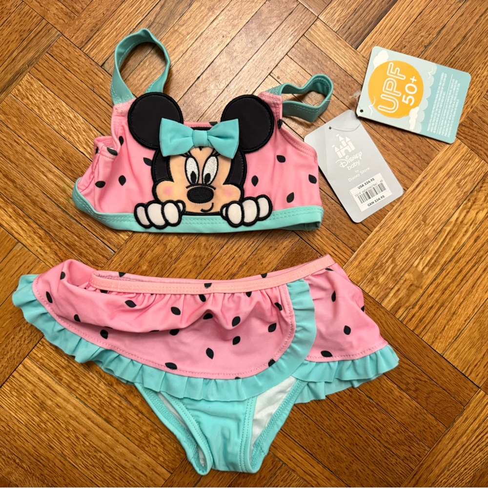 Disney Baby Pink and Blue Minnie Mouse 2pc Bathing suit set NWT